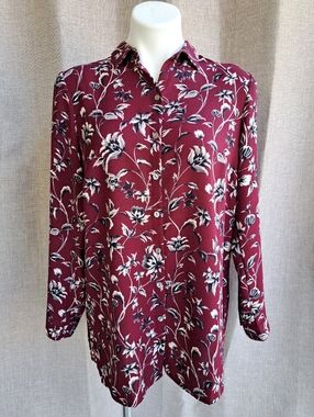 J. Jill Burgundy Maroon Floral Print Oversized Button Down Shirt Tunic Size S